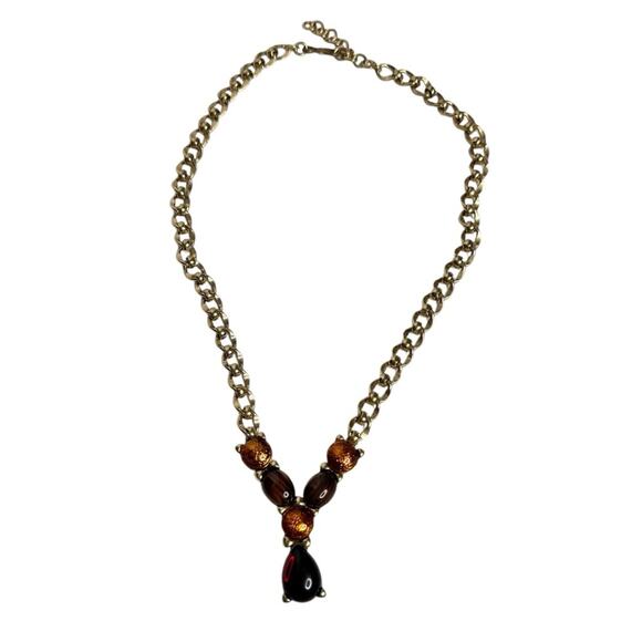 Monet Vintage Cabochon Pendant Y Necklace Gold Tone Signed - Picture 1 of 9